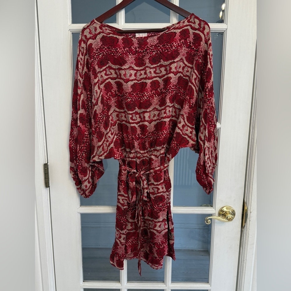 PARKER Women's Red Snake Print 100% Silk Wide Neck Long Sleeve Tie Waist Dress